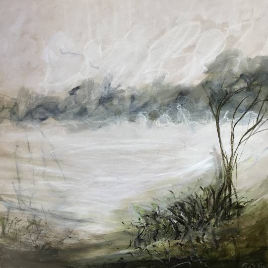 Monochromatic oil acrylic and crayon painting of foggy watsonville wetlands